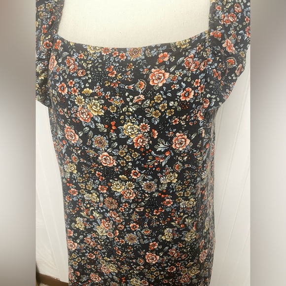 LOFT Boho Gray Floral Ruffle Sleeve Midi Dress Womens Large Petite - Picture 3 of 10